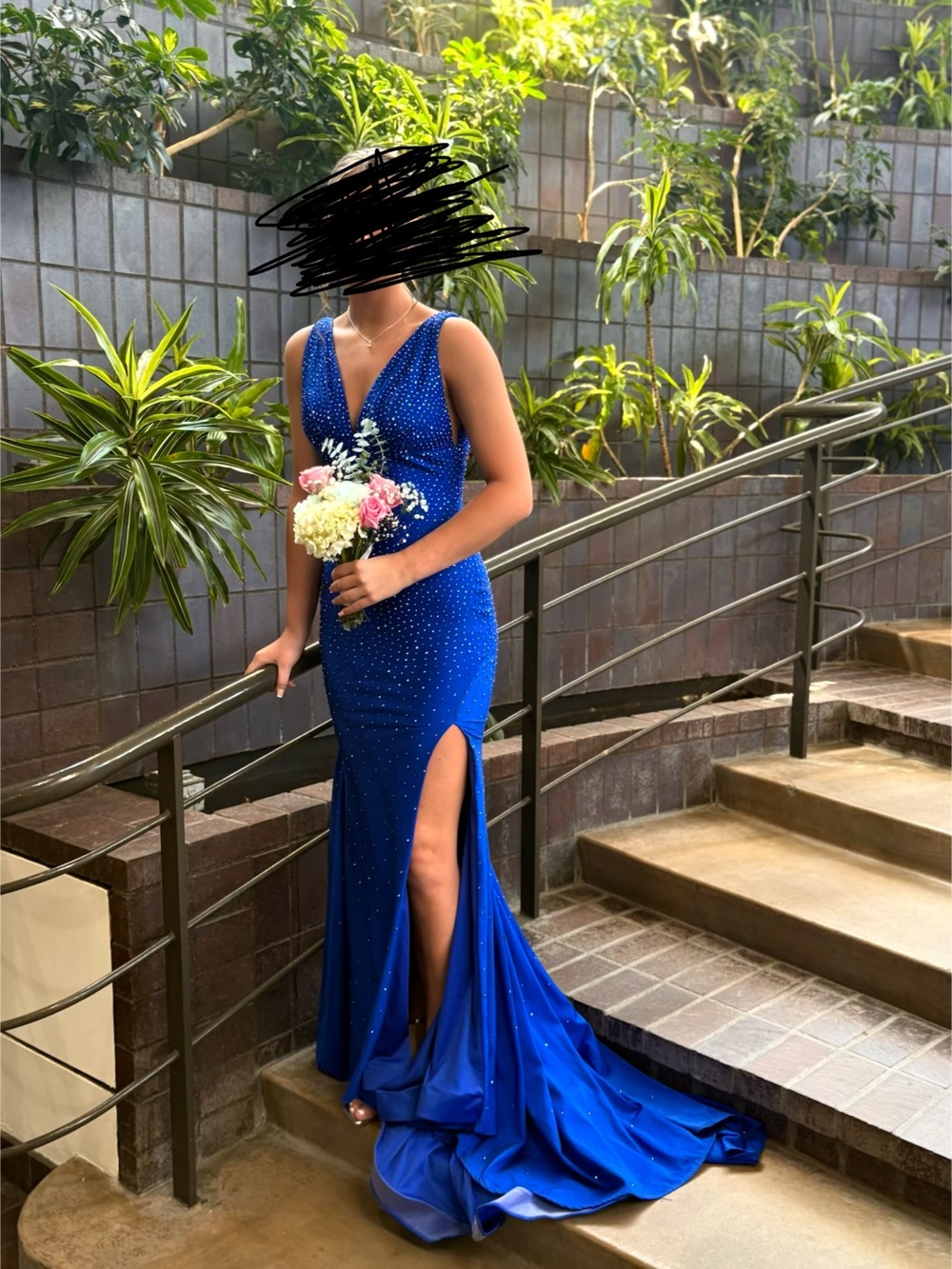Crystal-Embellished Royal Blue V-Neck Prom Gown with Side Slit